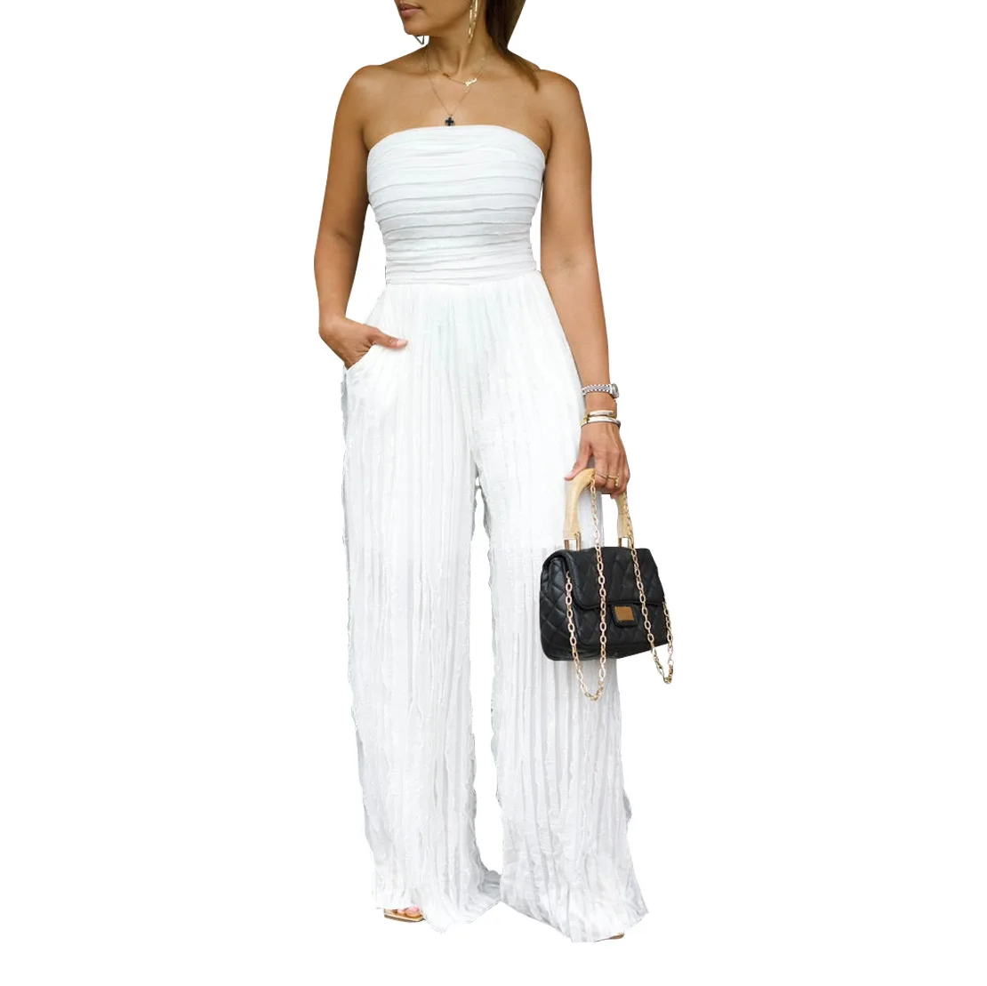 

Seductive Jumpsuit UltraHigh Waisted Strapless Jumpsuit Flowing Palazzo Relaxed Jumpsuit Sleeveless Vacation Resort Playsuit