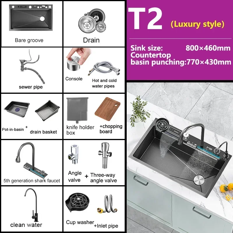 Double Waterfall Kitchen Sink Modern LED Display Kitchen Sink with Flexible Tap Smart Stainless Steel Sink with Accessories