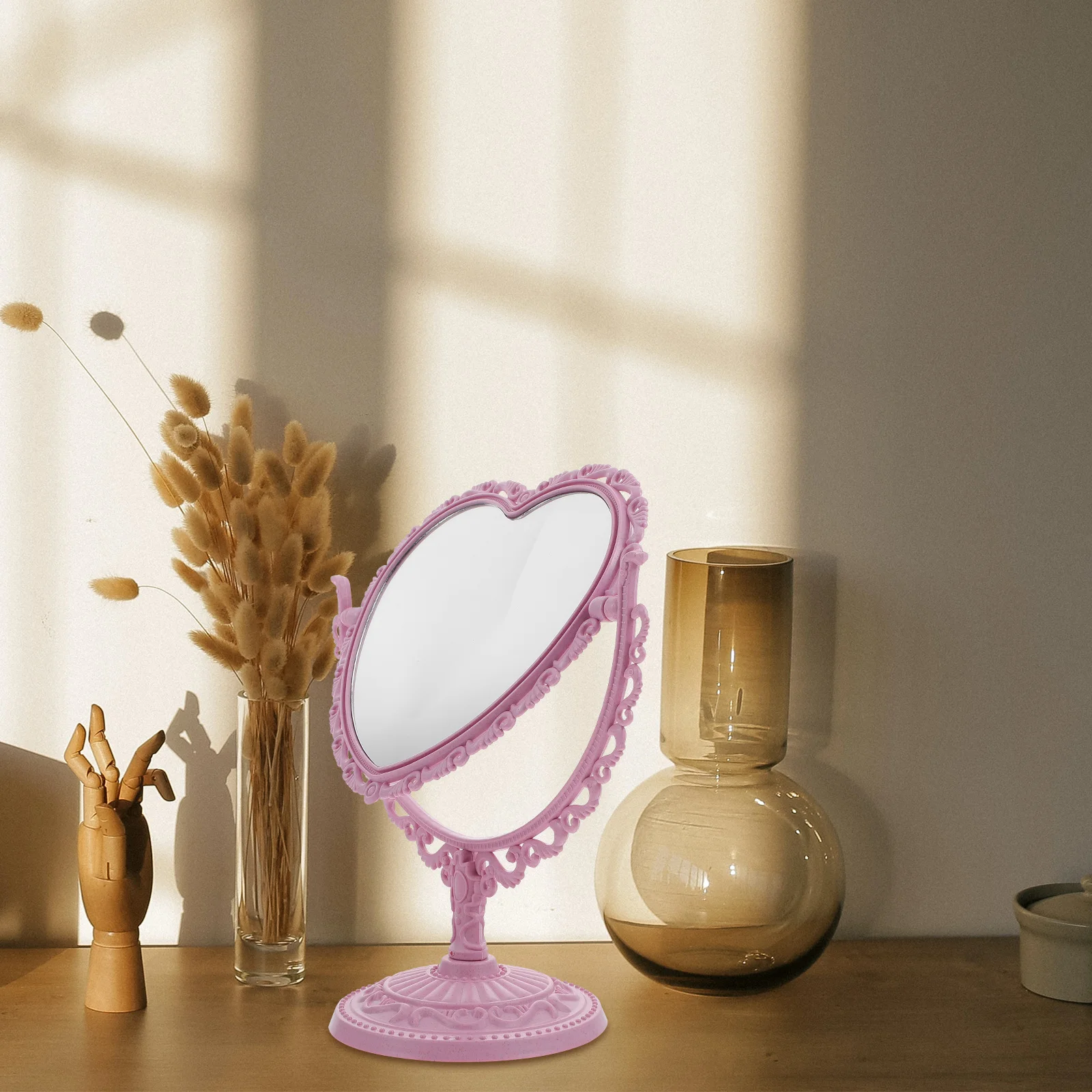 Dresser Rotating Vanity Mirror Heart Shaped Desktop Double-side Makeup Home Table Portable Simple Pink Vintage Miss