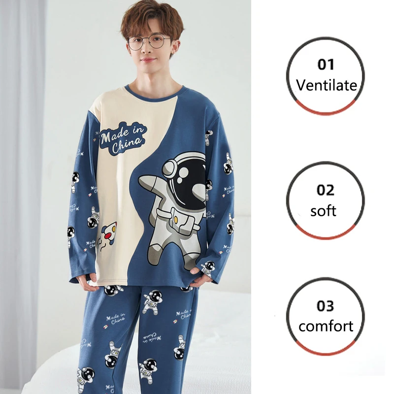 Plus size pijamas masculinos outono inverno manga comprida solto lazer 2 pçs/set letras astronauta azul o-pescoço macio casual pijamas xxxl