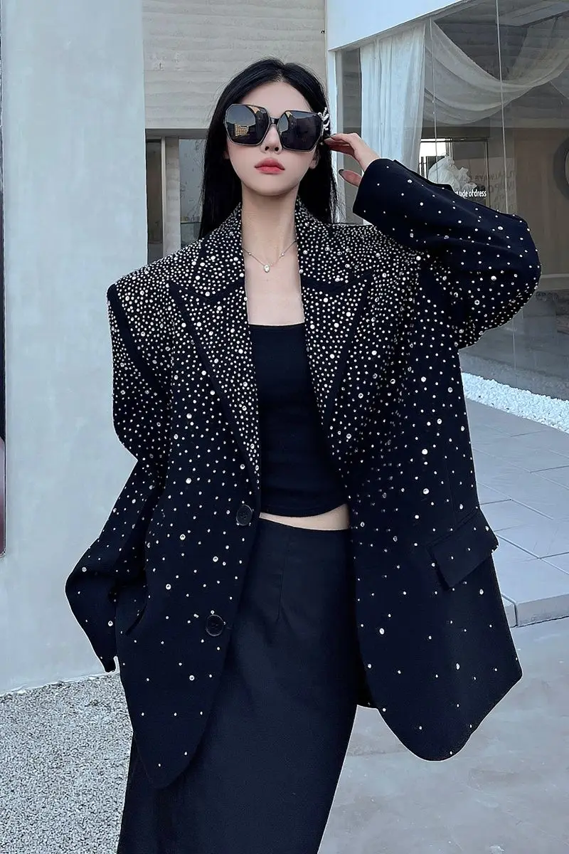 

​​Rhinestone Embellished Blazer Women Spring Fall 2025 Loose Fit Structure Defined Parisian Style Dramatic Sleeves​​