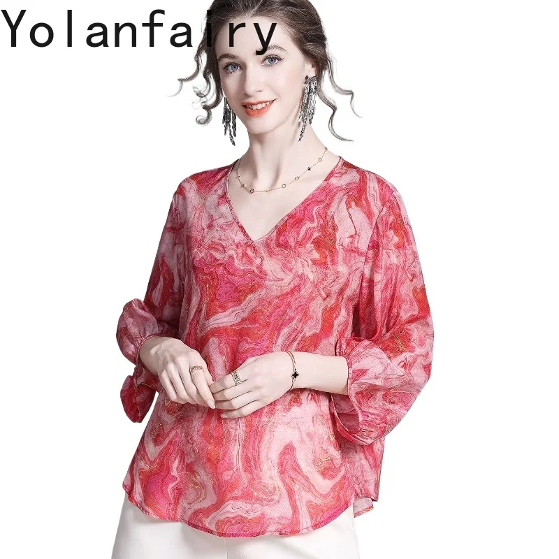 

YOLANFAIRY 100% натуральная шелковая блузка из тутового шелкопряда для женщин, элегантная, весна-лето 2026, модная, с принтом, свободная рубашка и блузка