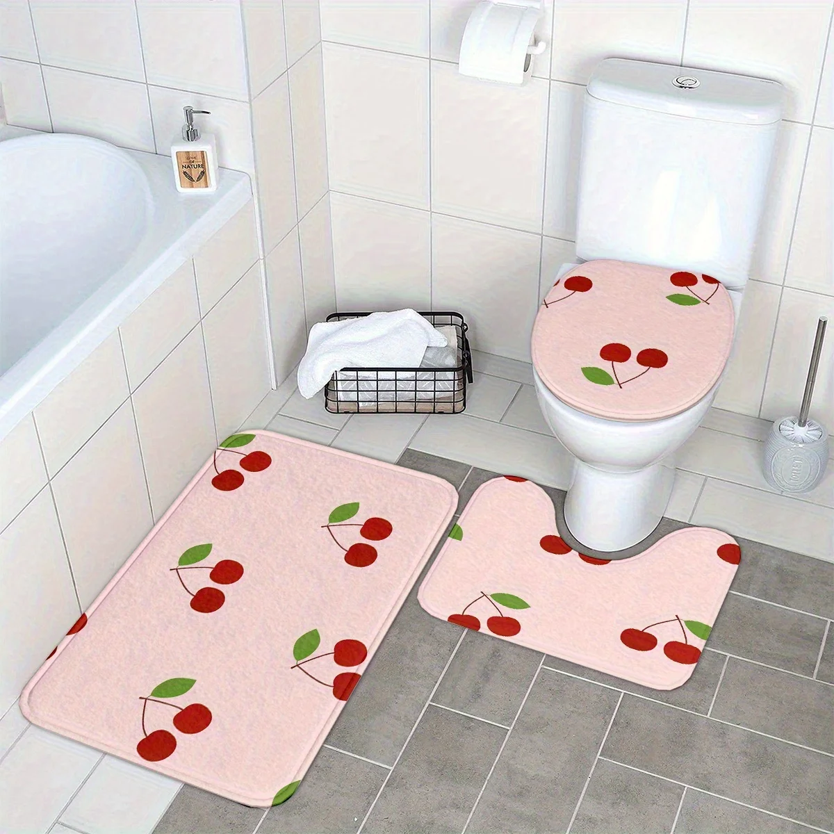 Cute Cherry Print Bathroom Mat Set 3 Piece Home Decor Bath Mat Toilet Rug and Indoor Slippers