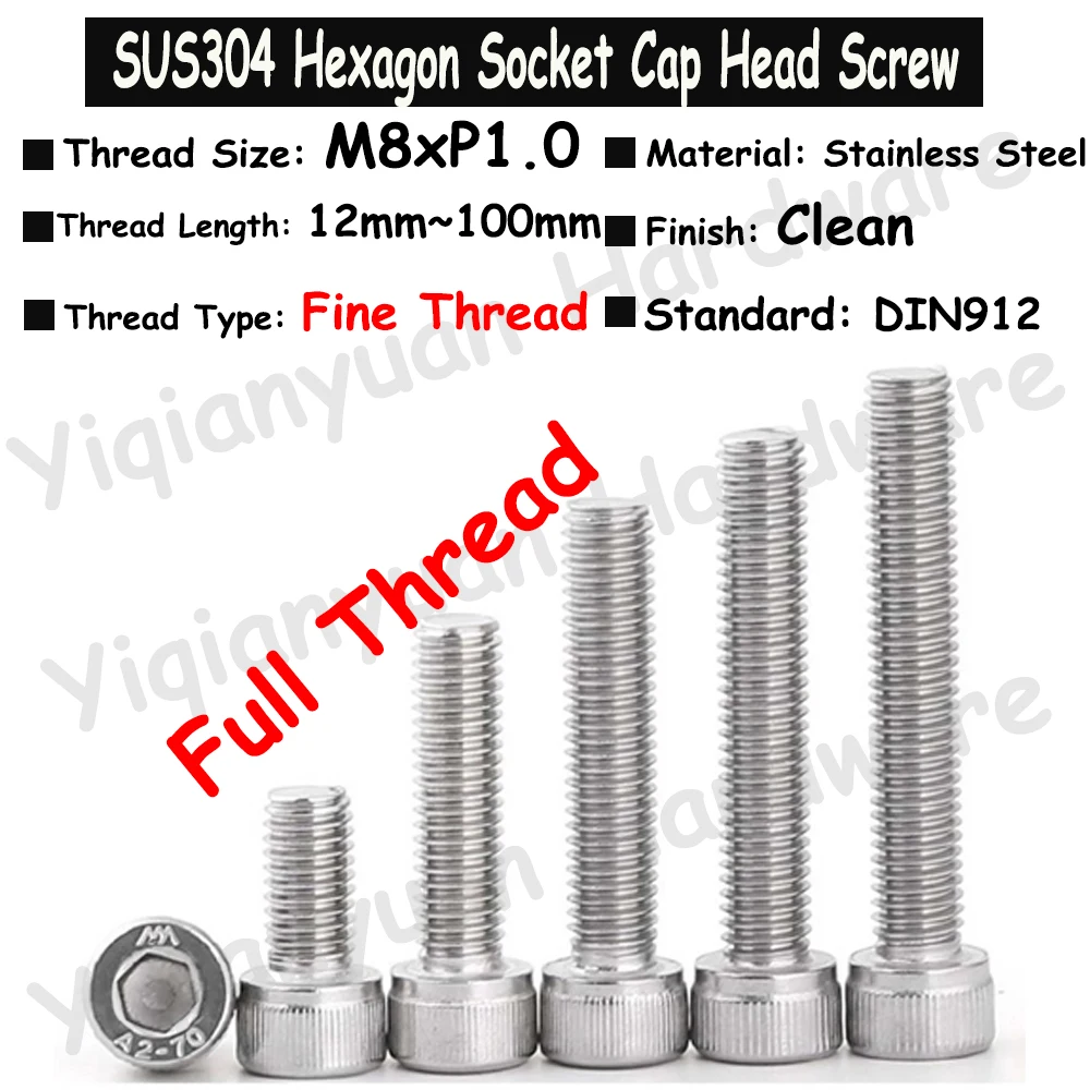 

M8xP1.0 Fine Pitch Thread DIN912 SUS304 Stainless Steel Hexagon Socket Knurled Cap Head Screws Allen Key Bolts Full Threaded