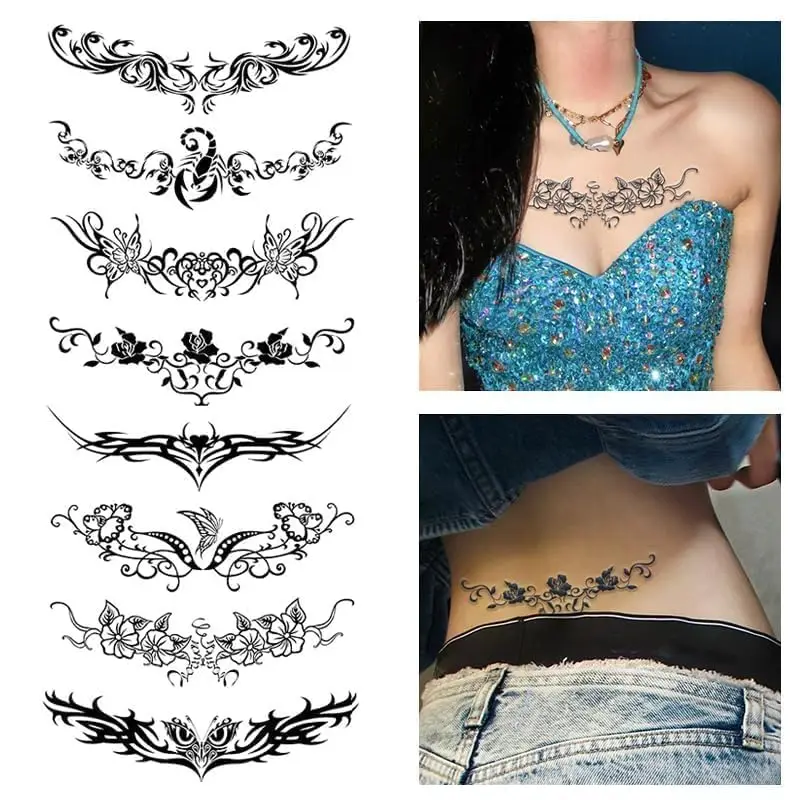 Sexy Succubus Belly Temporary Tattoos -8 Sheets Of Black Devil's Heart Design Uterus Tattoo Stickers for Waterproof Fake Tattoos