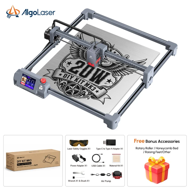 AlgoLaser DIY KIT MK3 Desktop Laser Engraver 95% Pre‑Assembled 8W‑20W Laser Cutter 400×400mm Touch Control Support Rotary Module 9