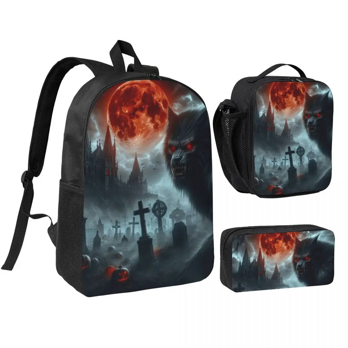

Werewolf With Red Eyes And Red Moon Halloween Pumpkin Backpack BookBag School Bag Shoulder Bags 3ps Lunch Bag Pencil Case