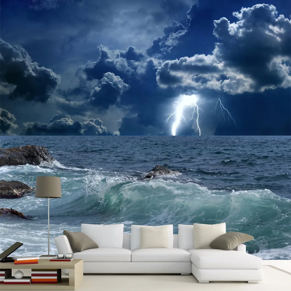 Custom Photo Wallpaper 3D Ocean Waves Lightning Dark Cloud Landscape Mural Creative Living Room Bedroom Decor Home Improvement