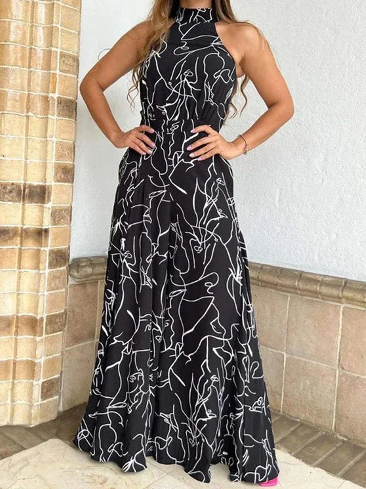 Fashion Elegant Open Back Jumpsuit Loose Casual Print Tie Up Sleeveless Wide Leg Long Pants Summer Women's Clothing