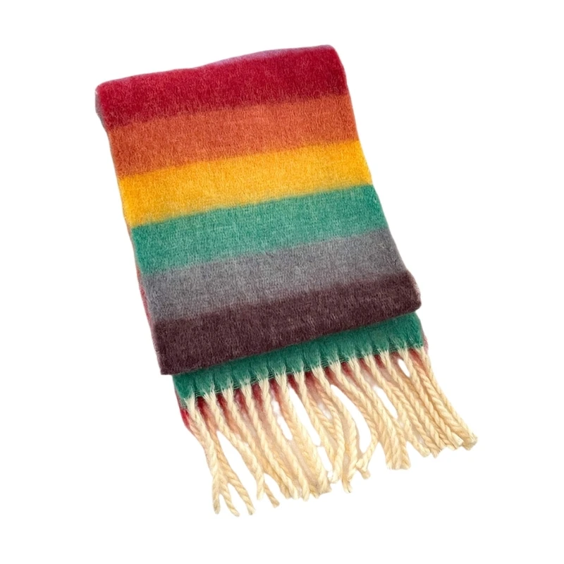 Colorful Rainbow Stripe Kids Scarf Soft Faux Cashmere Fringe Child Neck Warmer