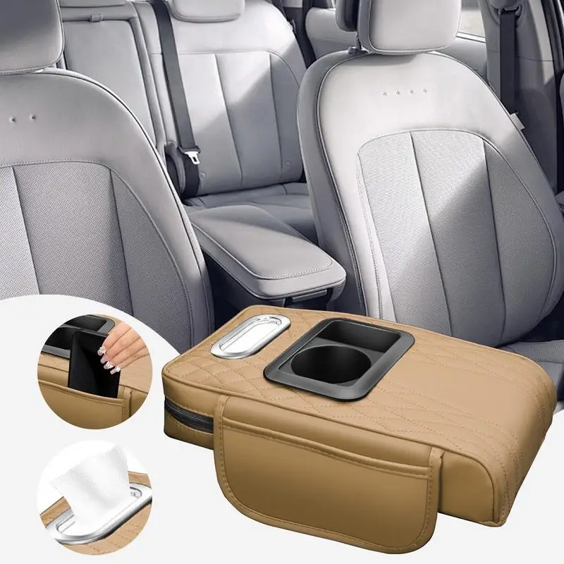 Almohadilla para reposabrazos de coche, almohada para consola central con bolsillos de almacenamiento, almohada para reposabrazos para coche con portavasos y soporte para pañuelos