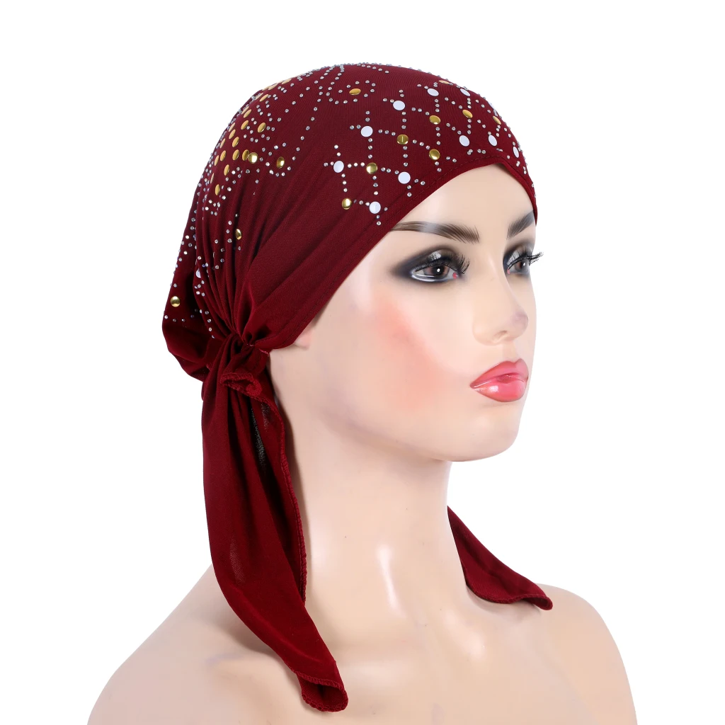 H089 fashion turban hijab with many sequins stones muslim hijabi scarf islamic headscarf hat amira pull on headwrap