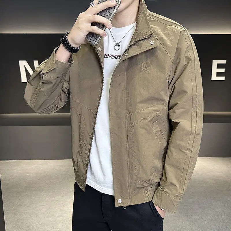 

Spring 2025 Men's Faion Stand Collar Workwear Jaet Outerwear Trendy Open Cardigan High-End Feel Loose Fit Long Sve Top