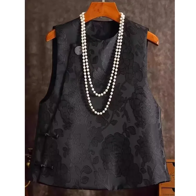 Black Chinese Style Women's Vest Casual Match All Seasons Button up Top Quality Polyester Fiber Thin Plant Floral Pattern