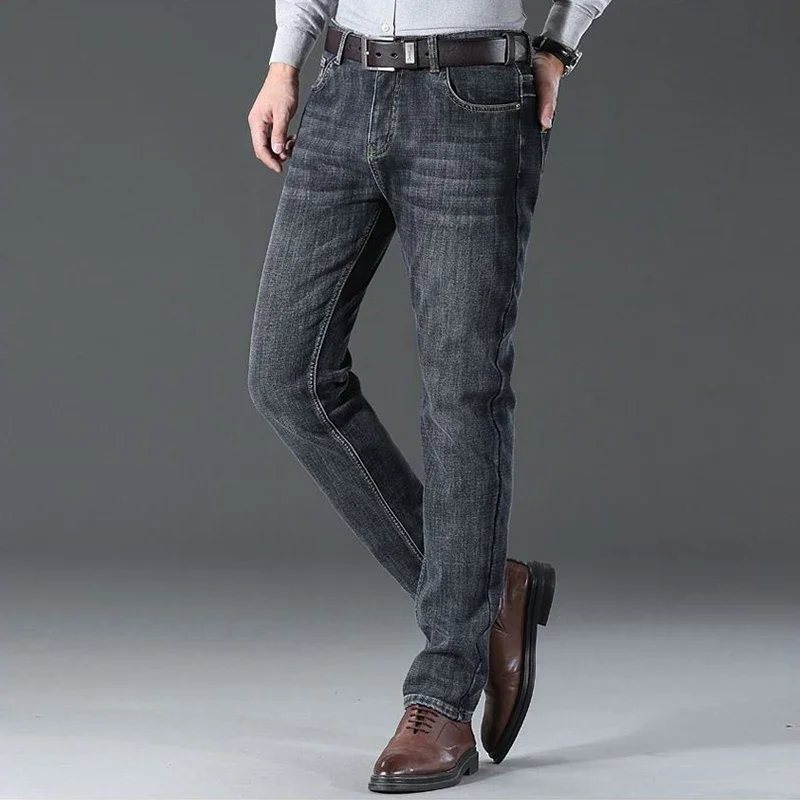 Pantalones vaqueros rectos sueltos de felpa cálidos para nieve de invierno para hombre, pantalones vaqueros gruesos con forro polar a la moda para hombre, pantalones casuales cómodos