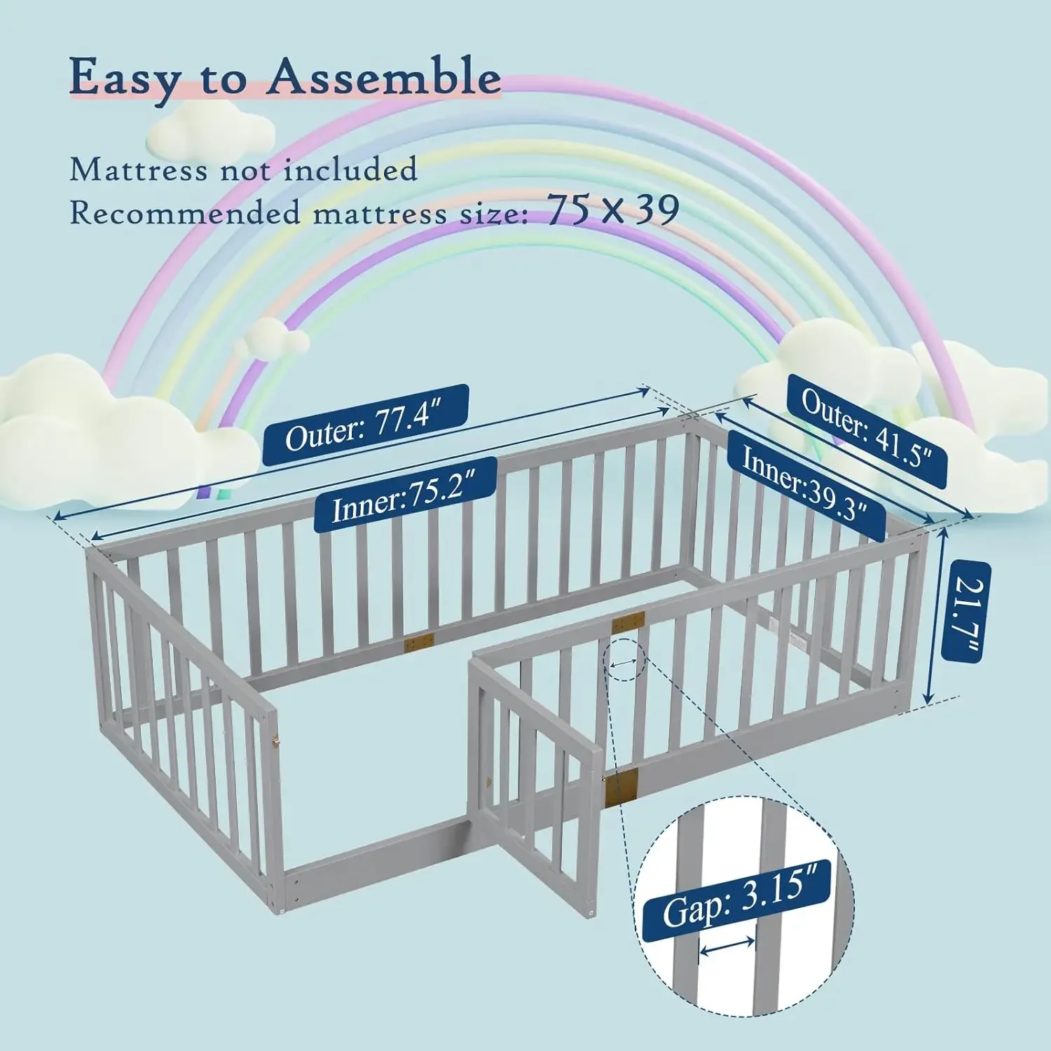 Montessori Twin Floor Bed with Safety Guardrails, Door Installs Left or Right - Grey Wood Frame