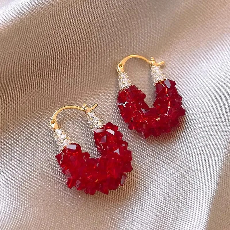 Red Crystal Earrings European And American Style Personalized Fashion Stud Earrings Ladies Girls Travel Wedding Accessories 2024