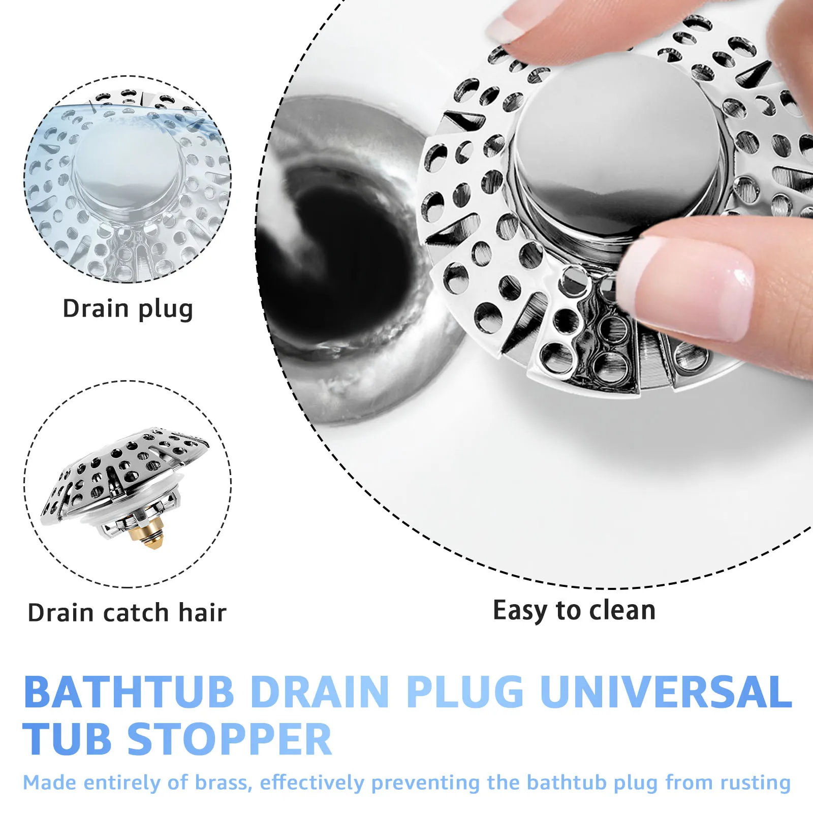 Brass Tub Drain Stopper with Cover Tub Drain Strainer Prevent Hair Clogging Rustproof Bathroom Drain Pop Up Bathtub Drain Plug