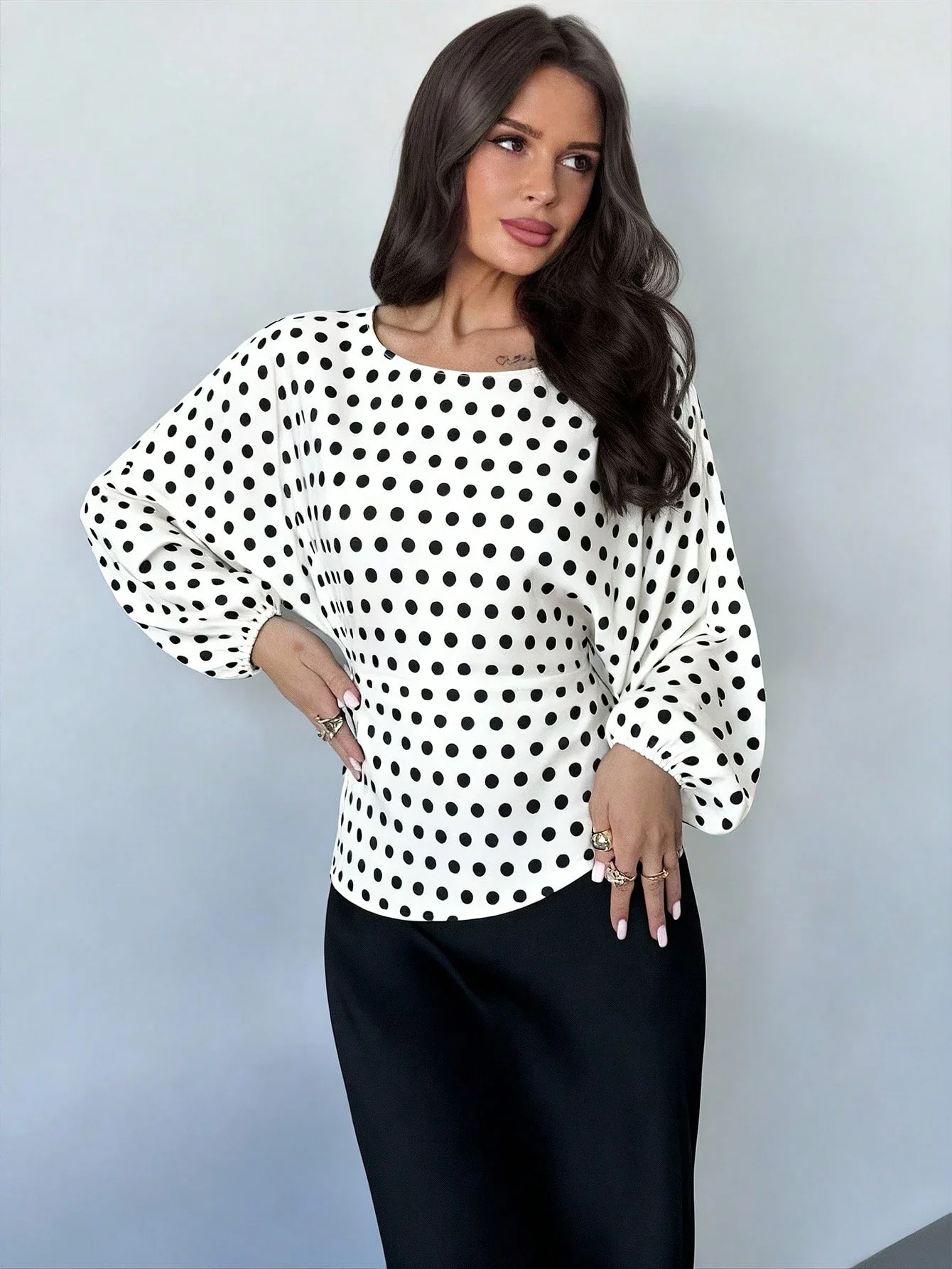 

Women's Polka Dot Batwing Sleeve Tie-Waist Blouse Elegant Casual Office Wear