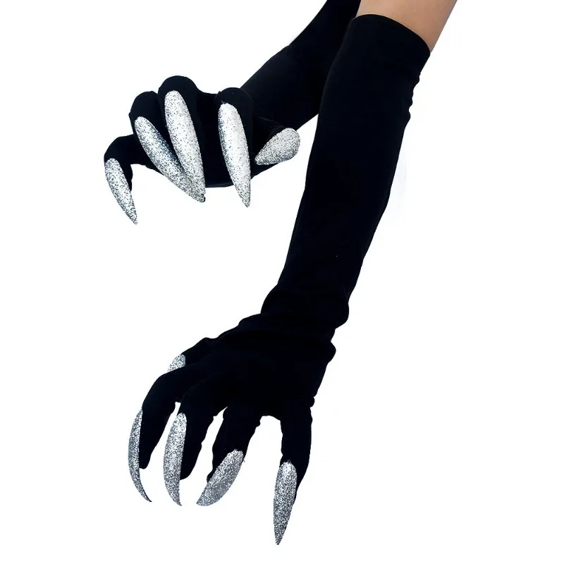 Halloween Witch Long Nail Ghost Cat Demon Paw Gloves Cosplay Black Elastic Satin Stage Performance Women Party Fashion Gloves