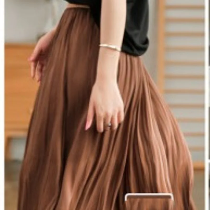 2024 Women's Spring and Summer Elastic High Waist Mesh A-line Fashion Solid Colors Folds Elegant Casual Commuter Half Skirt