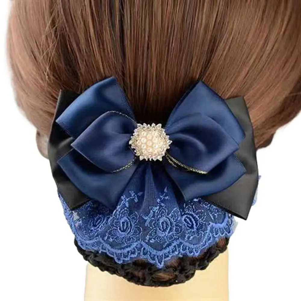 Sweet Pearl Bowknot Spring Clip Ribbon Korean Style Hair Net Cover Hair Accessories Rhinestone Nurse Hair Clip Hotel