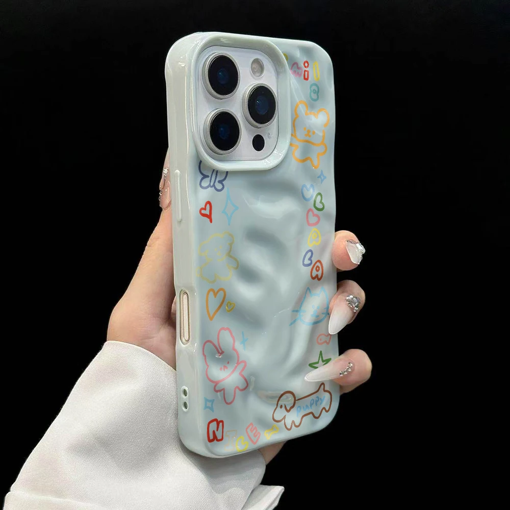 Niedliche Linienzeichnungs-Cartoon-Handyhülle für iPhone 17 16 15 14 13 12 11 Pro Max 14 Plus 17 Air Falten-Wellen-Soft-Silikonhülle – Detail 10