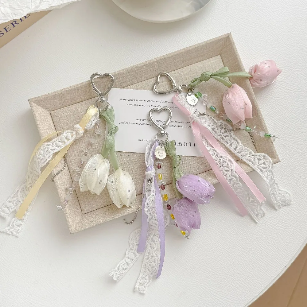 Korean Sweet Elegant Lace Aesthetic Fresh Tulip Bow Phone Charm Cute Flower Keychain Bag Pendant for Women Versatile Accessory