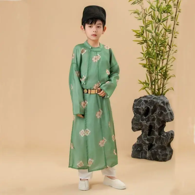 Estilo palácio de verão crianças hanfu tradicional chinês em torno do pescoço robe respirável fino verde palco mostrar roupas meninos tang terno
