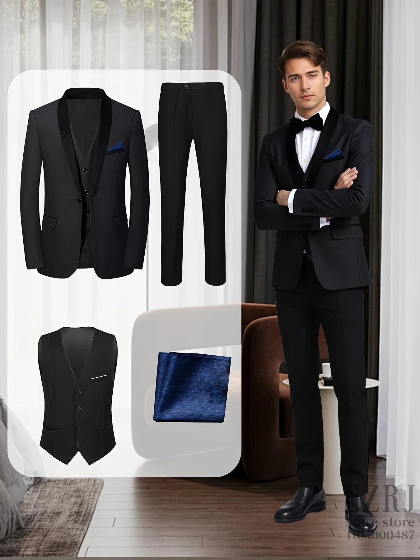 

Men'S 4pcs Tuxedo Suit: Jacket, Vest, Dress Pants &Pocket Square