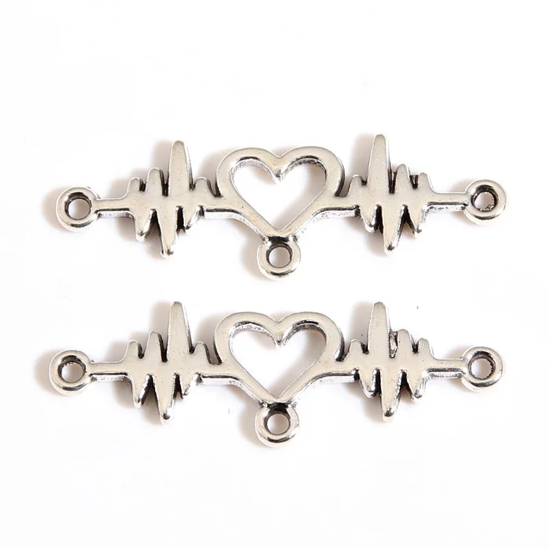 50pcs Silver Color 31x10mm Love Heartbeat Charms Connector Pendant Fit DIY Handmade Jewelry Making Metal Alloy Supplies