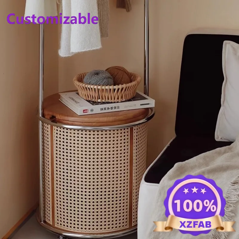 Factory Direct 2026 Solid wood rattan hanger floor-to-ceiling removable bedroom bedside cabinet storage, clothing hanger