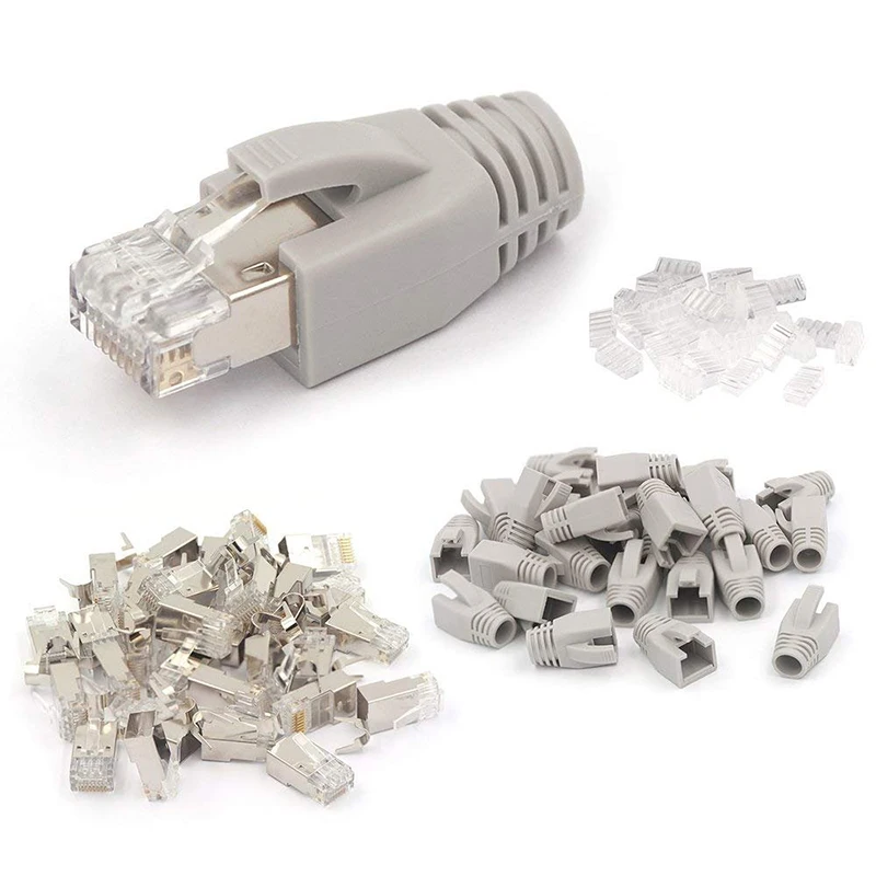 20 Pack CAT7 Shielded RJ45 Connector Cat6a Cat7 RJ45 Modular Plug With Load Bar And RJ45 Strain Relief Boots Grey 8P8C