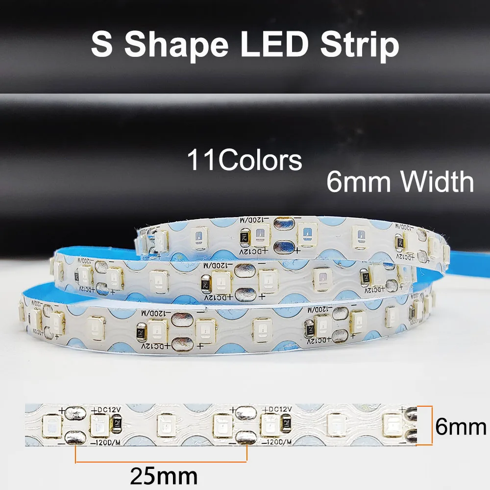 DC12V  S Shape LED Strip 6mm Width Bendable 2835SMD 120LED/m Flexible Foldable String Light DIY Neon Sign Letter 12Color 1m-100m