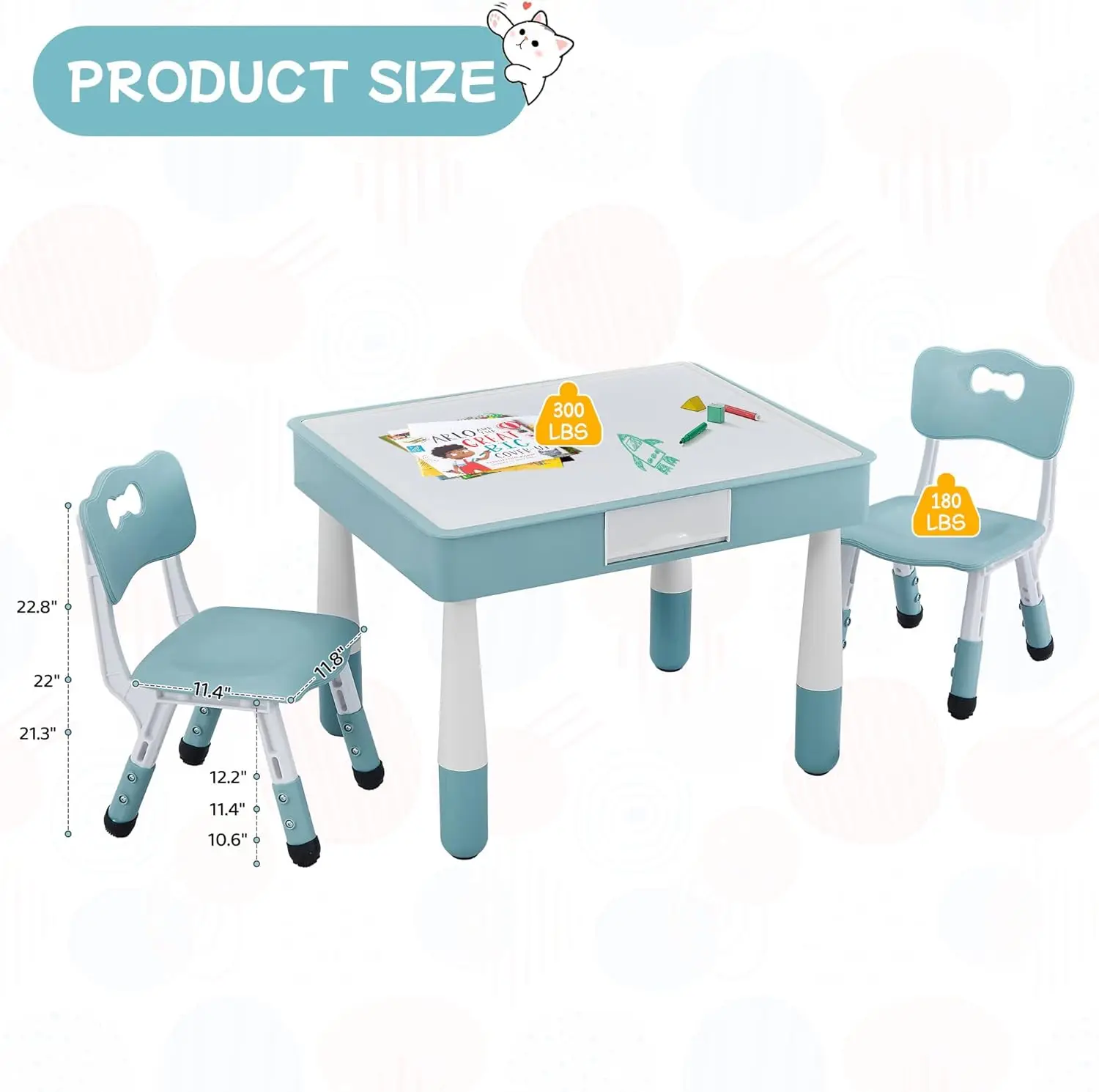 Conjunto de mesa infantil 4 em 1 e 2 cadeiras, conjunto de mesa e cadeira para crianças de 3 a 10 anos, mesa de atividades para blocos de construção/desenho/R