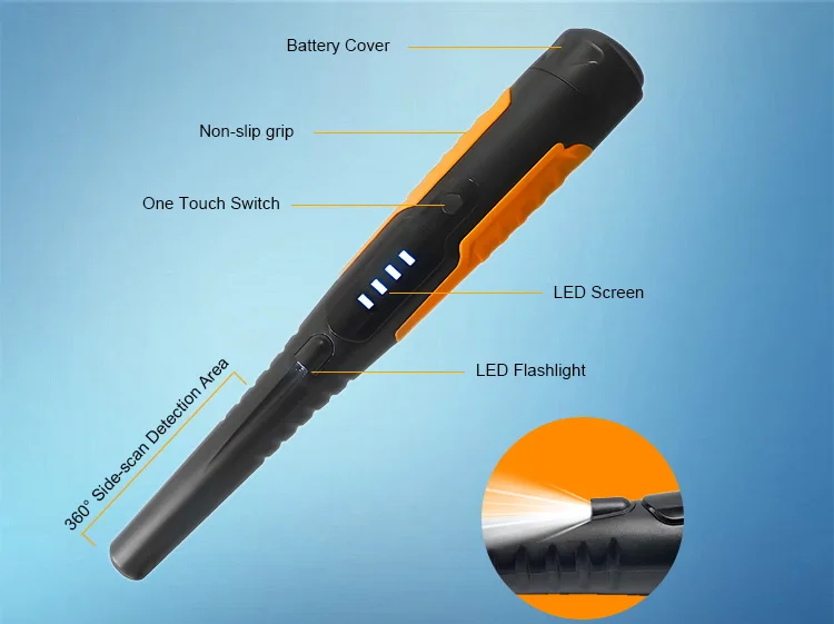 Round Rod Metal Detector 360 Degree Detection with LED Screen Sound/Vibration/Sound &Vibration AA Battery 9V Waterproof IP68