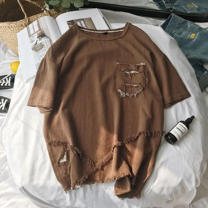 تي شيرت ممزق مخصص بأكمام قصيرة 55 نقطة للرجال بلوزة هاراجوكو فضفاضة عصرية متوسطة الأكمام #3