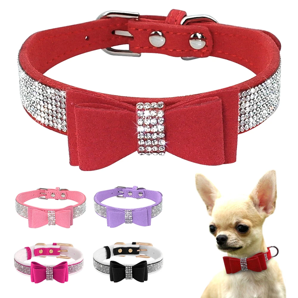 

Bling Rhinestone Dog Collar Cute Bowknot Puppy Cat Collars Soft Padded Pet Necklace With Bowtie Warm For Small Dogs Chihuahua