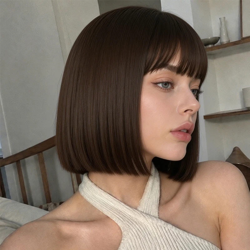 Dark Brown Bob Wig With Straight Bangs, Synthetic Short Hair, 12-Inch