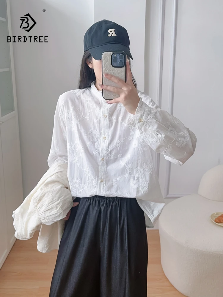 

Новинка 2025, осенняя хлопковая рубашка с длинными рукавами, женская кружевная вышивка, шикарная свободная блузка Mori Girl Temperament для поездок на работу T59622CC