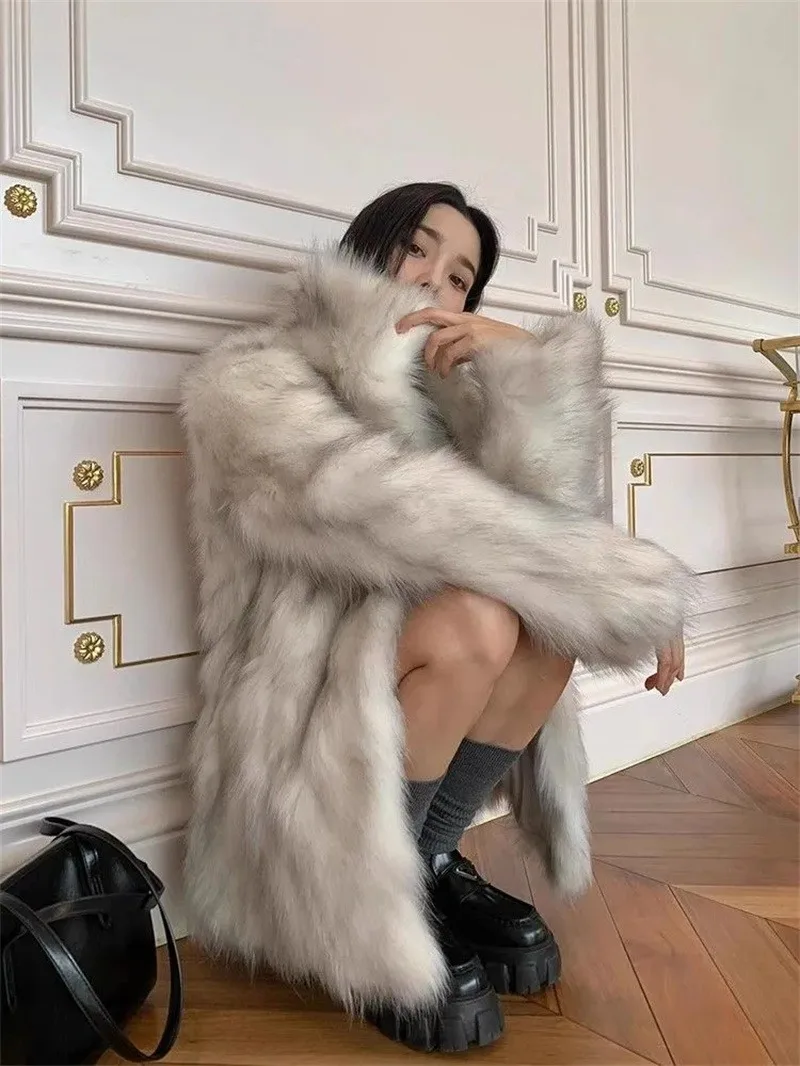 Women's Outerwear 2025 Winter New Loose Gradient Fox Fur Coat Medium-Length Thickened Premium Feel Petite Puff Sleeve Blazer WLF