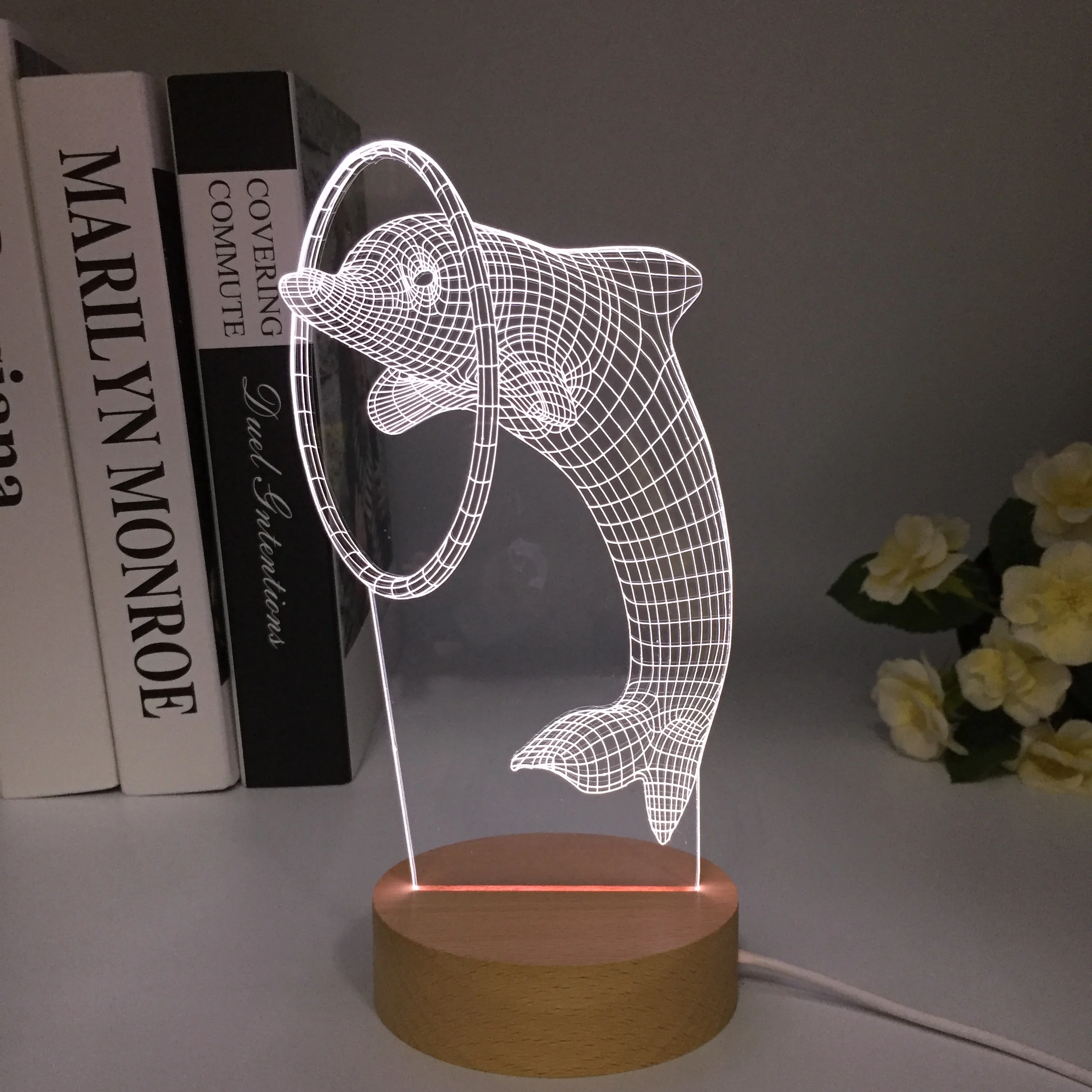 3D LED Dolphin Night Light 7/16 Wooden Colors Change Fashion Cool Acrylic Table Wood Night Lamp Home Decoration For Kids Gift