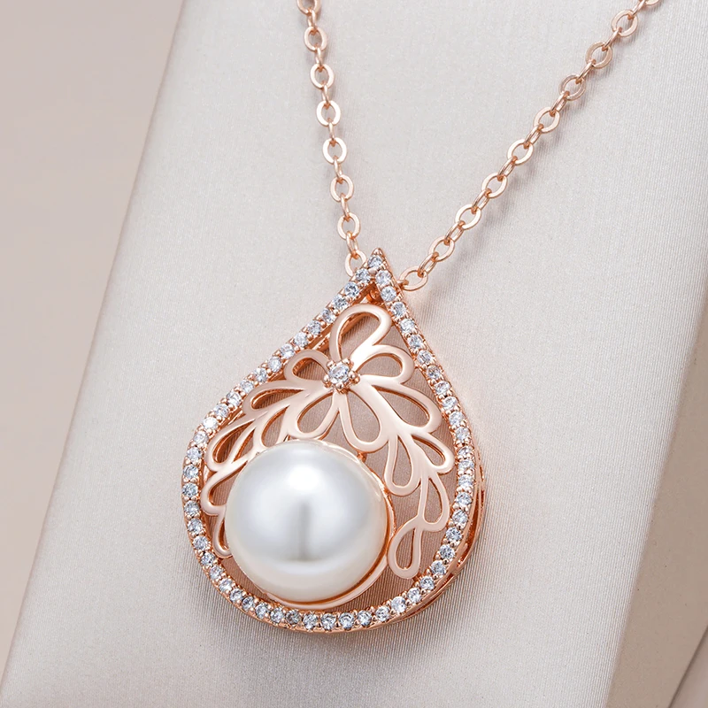 Kinel Luxury Pearl Big Pendant Necklace for Women Fashion 585 Rose Gold Color With Natural Zircon Charms Bride Wedding Jewelry