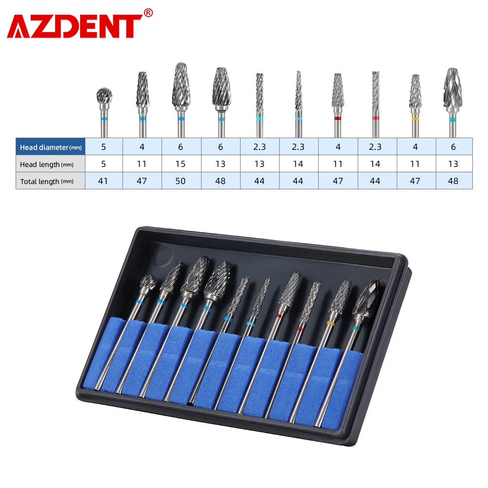 AZDENT 10PCS/Box Dental Carbide Drills Kit HP 2.35mm Cutter Set Dental Cutting Burs Dentist Lab Polishing Finishing Tool