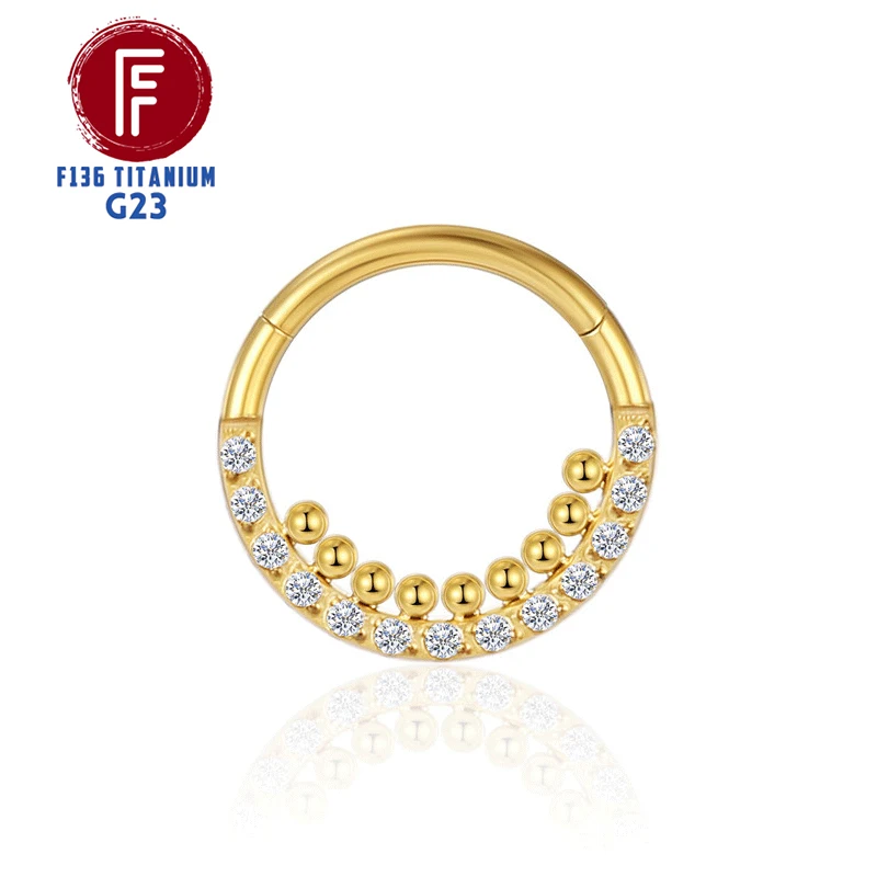 F136 Titanium Nose Piercing Hinged Bead Hoops CZ Stone Rings