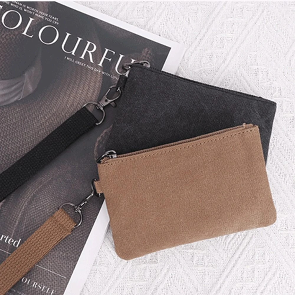 Soft Korean Style Canvas Coin Purse with Lanyard Canvas Small Item Bag Wrist Bag Wallet Card Storage Bag Travel