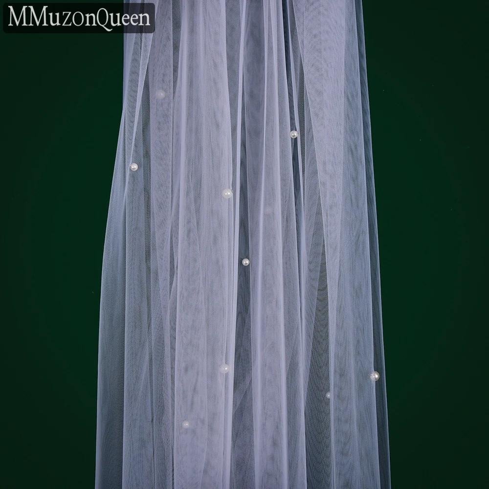 MMQ M39 1 Tier Bow Bridal Veil Beaded Wedding Veil Pearls Tull Yarn White One Layer elegant wedding headdress