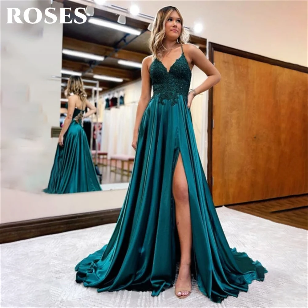 

ROSES V Neck Appliques Evening Dress Lace Up Back Spaghetti Strap Charming Prom Dress Side Split Party Dresses vestidos de noche