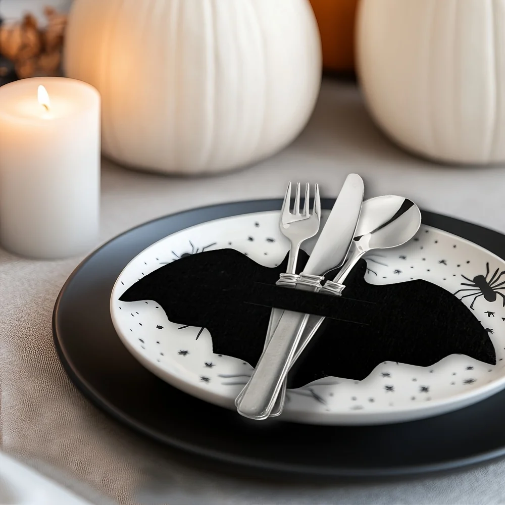 Halloween Black Bat Placemats, Knife and Fork Holders, Candy Clips, Suitable for Various Occasions Including Home, Kitchen,Hotel