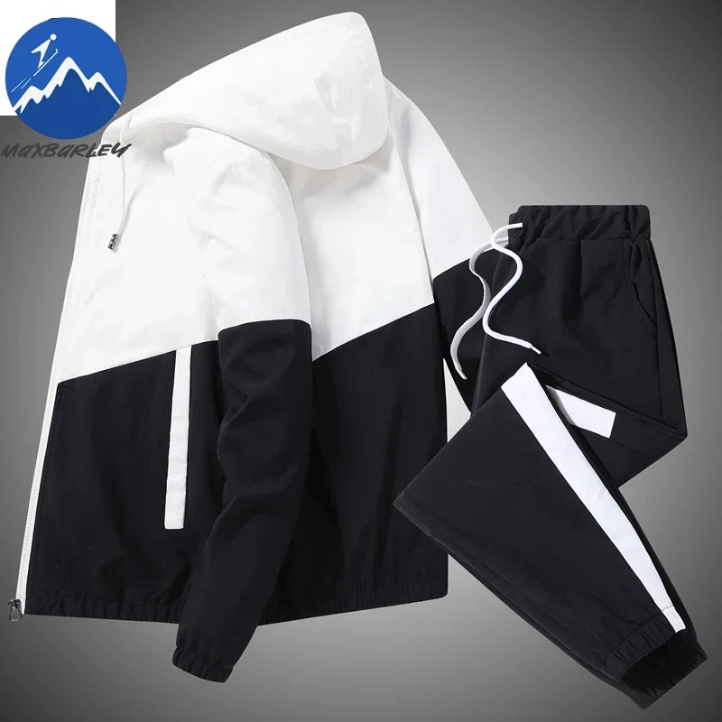 Spring Autumn Men Sportswear Set Casual Jogger Sweatsuit Hooded Jacket + Pants Two Piece Hip Hop Running Training Sports Suit